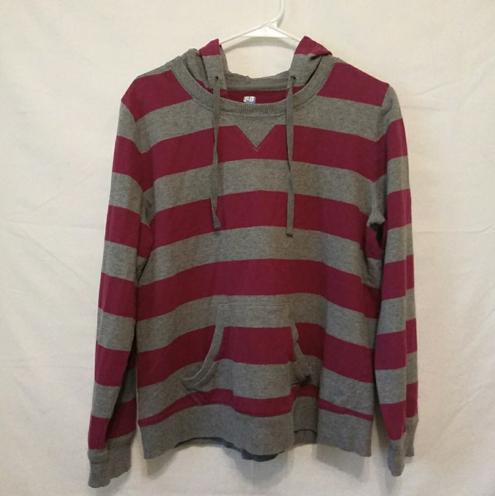 Crimson and Gray Striped Sweatshirt with Hood